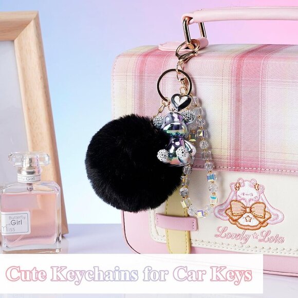 ✨Honyjoom Women Black Cute Bear Pom Pom Sparkling Keychains Accessories Girly - Picture 4 of 7